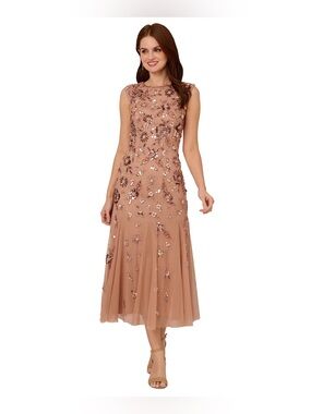 Adrianna Papell Blush Sequin Embellished Tea-Length Dress